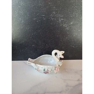 Vintage Ceramic Swan Trinket Dish With Capodimonte Flowers